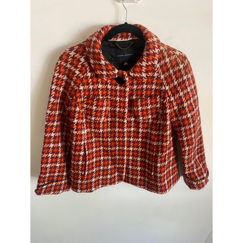 Banana Republic Womens XS Orange Wool Houndstooth Cropped Swing Jacket‎ Coat